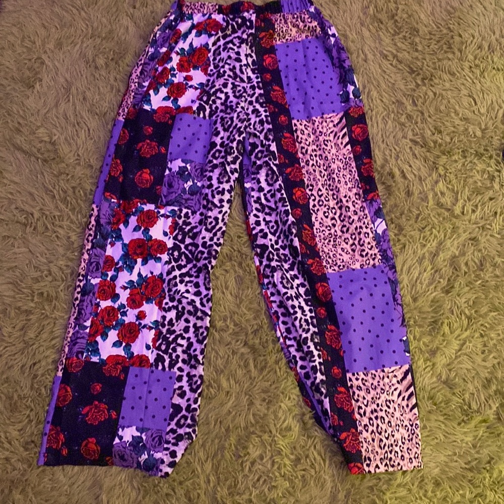 Purple, rose, and animal print patched pants size medium
